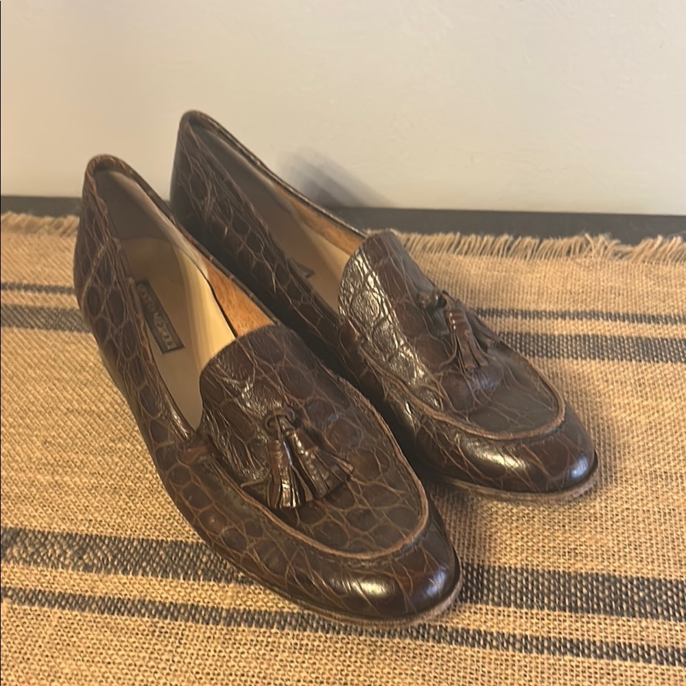 [SESTO MEUCCI] Brown Crocodile Pattern Loafers with Tassels - Size 9.5